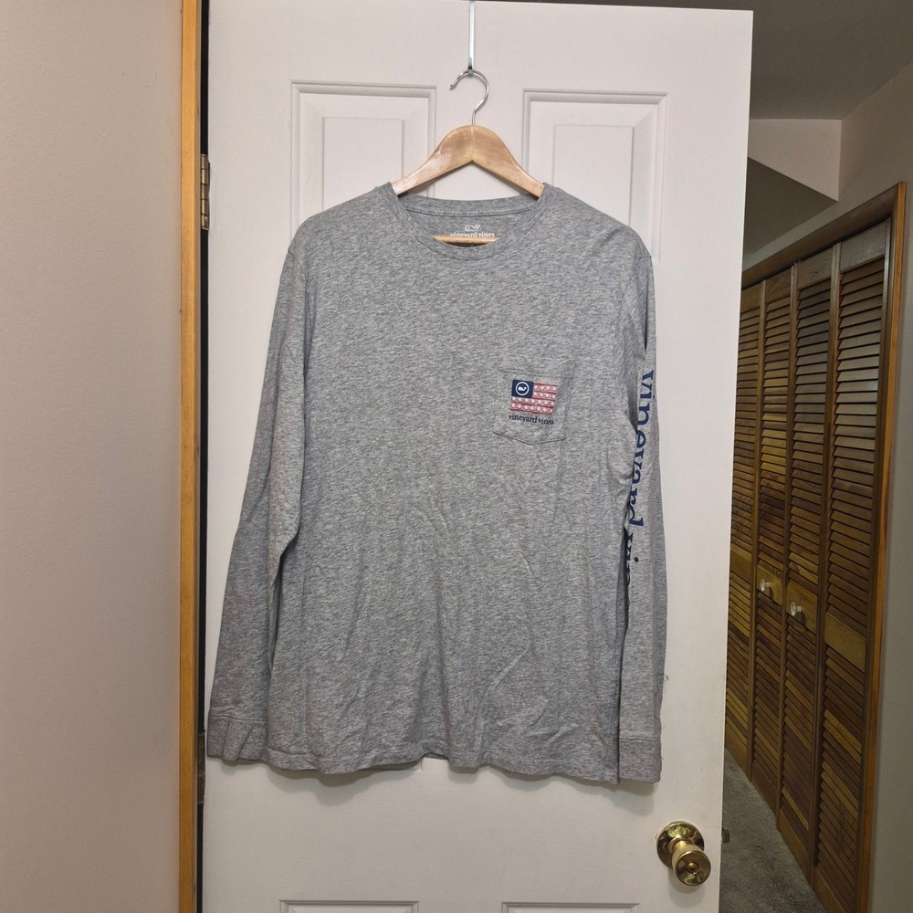Vineyard Vines Mens Large Gray Long Sleeve Baseball American Flag Graphic Shirt